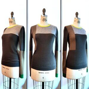 Joseph Grey Green Color Block Cashmere Crewneck Pullover Sweater Small Medium